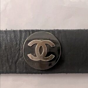 Hand Crafted Black Leather Bracelet with Vintage CHANEL Button